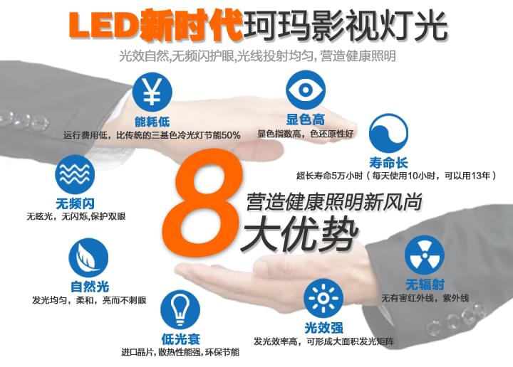 珂瑪影視燈光<a href='/product/product-0001,0075-1.shtml' class='keys' title='點擊查看關(guān)于LED影視燈的相關(guān)信息' target='_blank'>LED影視燈</a>8大優(yōu)勢