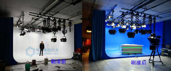 青海省格爾木市電視臺LED演播室燈光+藍(lán)箱改造前后對比圖